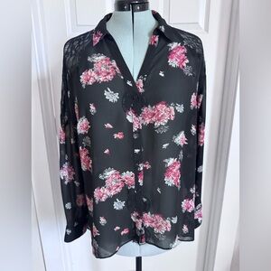 LC Lauren Conrad Black Sheer Lace Blouse with Pink Floral Print